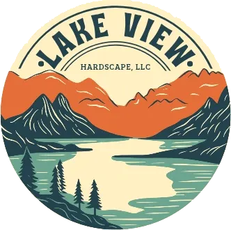 Circular logo with mountains, a lake, pine trees, and text: "Lake View Hardscape, LLC.