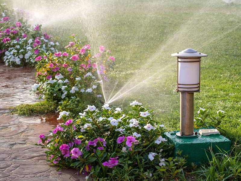A newly paved black asphalt driveway curves past a brick house with green lawns and landscaping, bordered by stone edging and surrounded by tall trees.