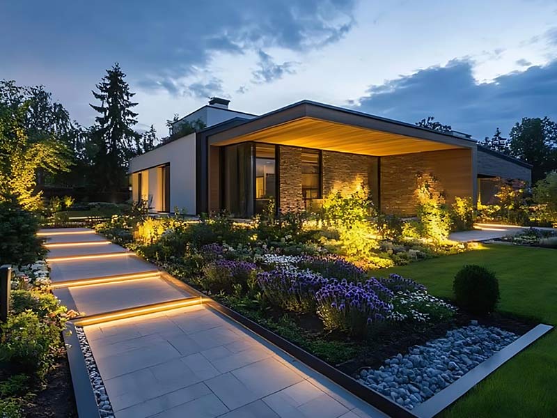 Two workers operate a yellow paving machine, laying fresh asphalt near a white house with trees and greenery in the background on a sunny day.